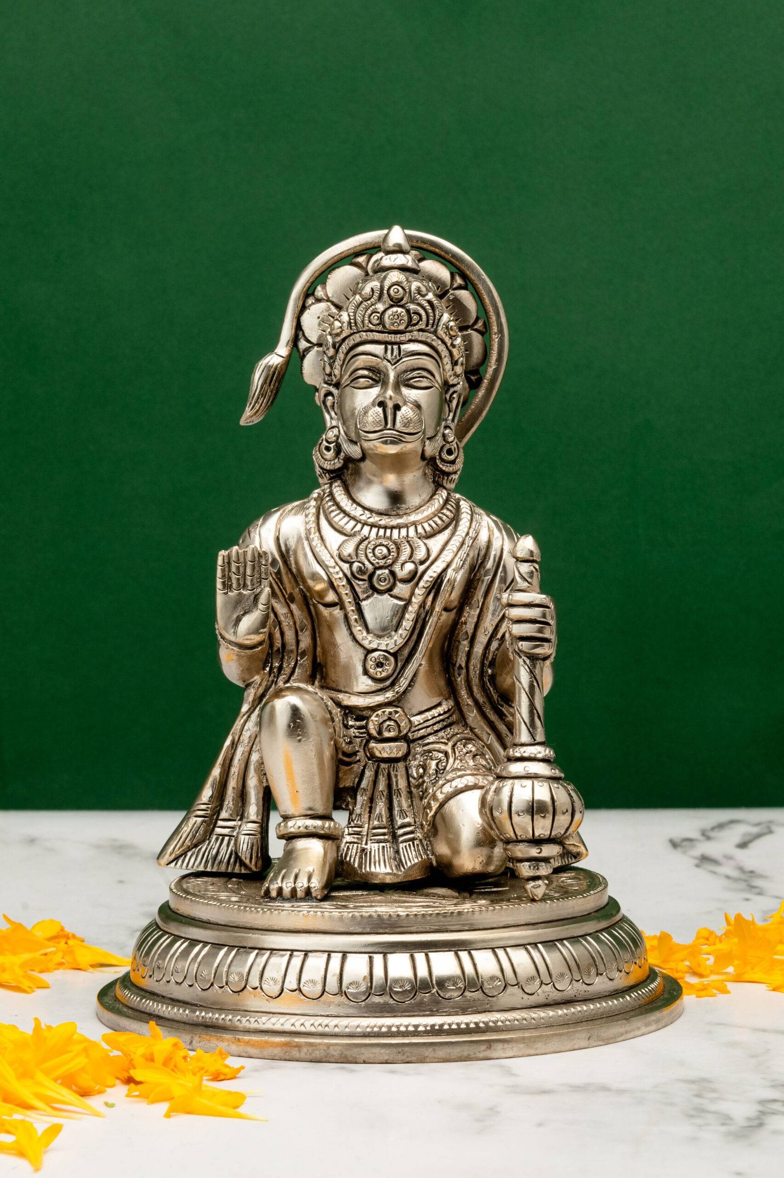 brass-Hanuman-425-8-scaled-1.jpg Brass Superfine Silver-Coated Hanuman Idol – Ashirwad Mudra – Kneeling – 7 Inch - Image 1