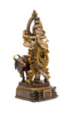 Brass Krishna Idol Playing Flute With Holy Cow – Dual Tone – 15.5 Inch - Image 7