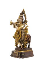 Brass Krishna Idol Playing Flute With Holy Cow – Dual Tone – 15.5 Inch - Image 6