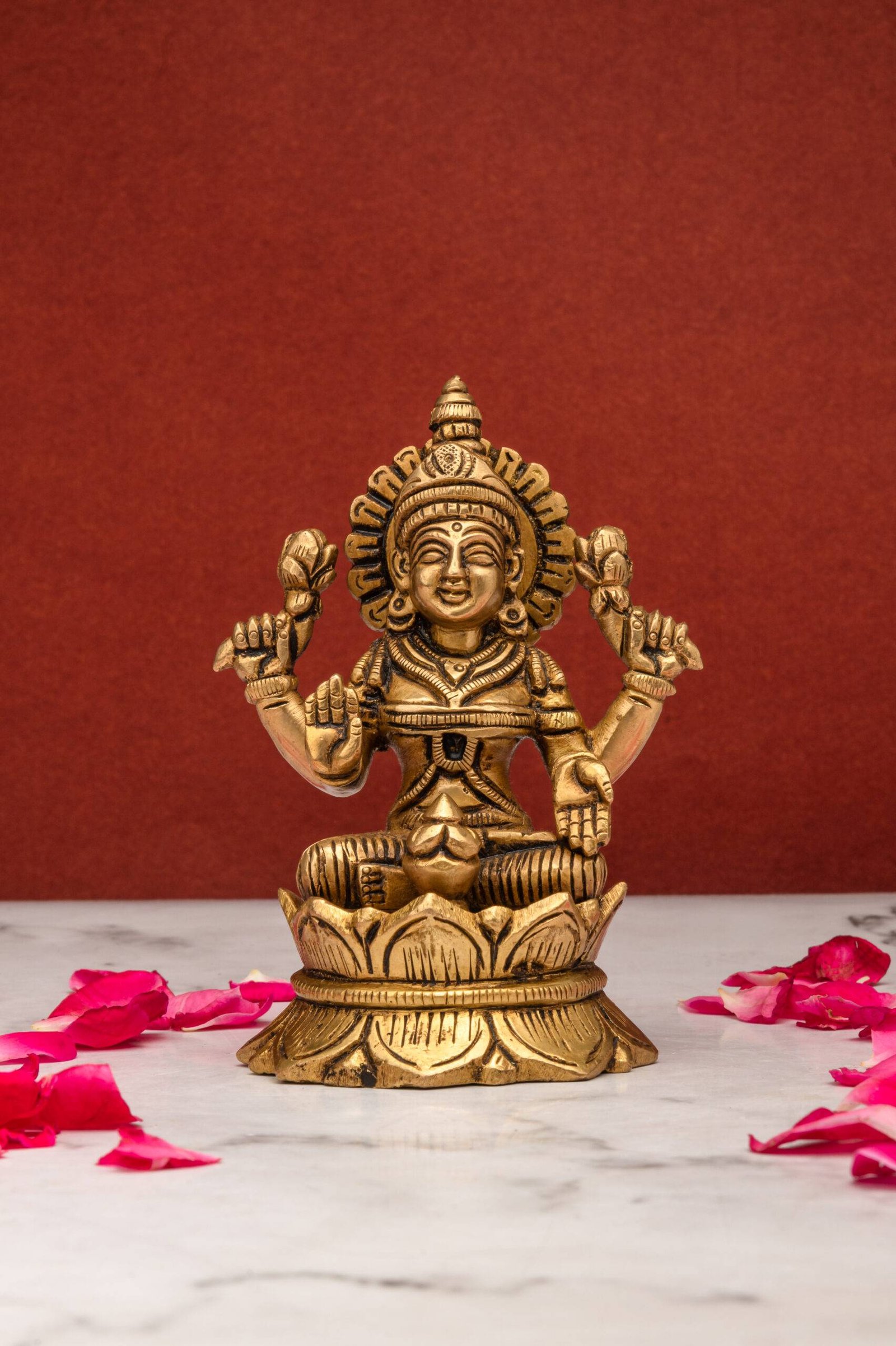 brass-Laxmi-356-8-scaled-1.jpg Brass Superfine Laxmi Idol Seated on Lotus Flower – 5 Inch - Image 1