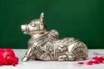Brass Silver-Coated Superfine Nandi Idol – Beautifully Carved – 5.20 Inches