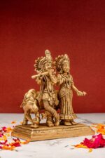 Superfine Brass Radha Krishna Idol with Cow – 6 Inch – Beautiful Carving - Image 8