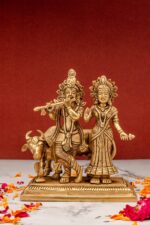 Superfine Brass Radha Krishna Idol with Cow – 6 Inch – Beautiful Carving