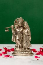Brass Silver-Coated Superfine Radha Krishna Idol – With Peacock – 5.5 Inch