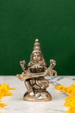 Brass Silver Coated Superfine Saraswati Idol – On Lotus – 3.15 Inch