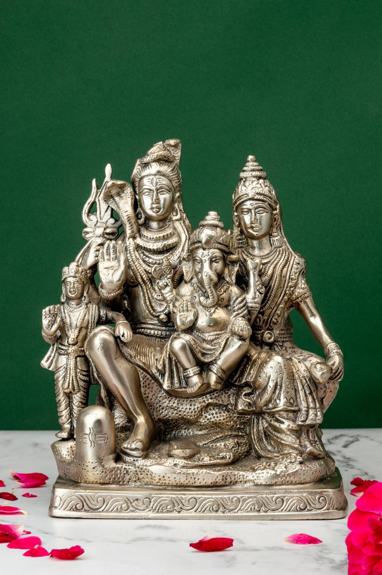 brass-Shiv-Parivar-489-8-scaled-1.jpg Brass Silver-Coated Superfine Shiv Parivar Idol – With Ganesh & Kartikeya On Nandi – 7.90 Inches - Image 1