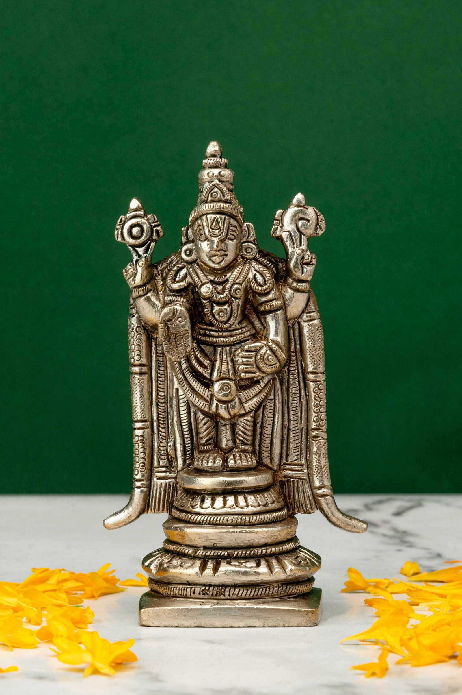 brass-Tirupati-527-8-scaled-1.jpg Brass Silver-Coated Superfine Tirupati Balaji Idol- 4.75 Inches - Image 1