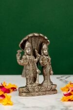 Brass Silver-Coated Superfine Standing Vishnu Laxmi Idol with Sheshnag – 4 Inches - Image 4