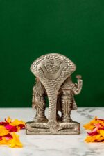 Brass Silver-Coated Superfine Standing Vishnu Laxmi Idol with Sheshnag – 4 Inches - Image 3