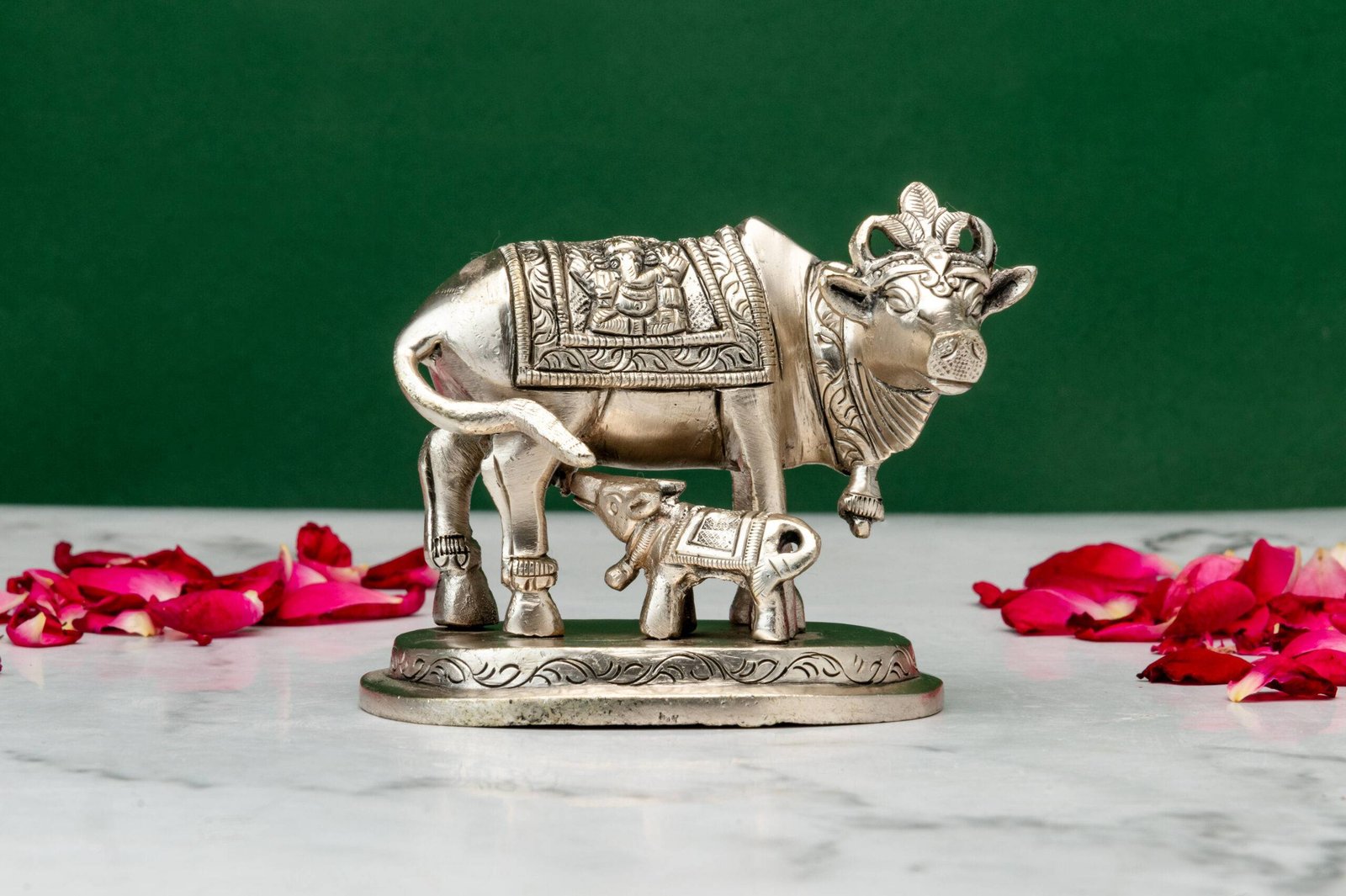 brass-cow-401-8-scaled-1.jpg Brass Superfine Holy Cow with Calf Idol – Ganesh Laxmi Carved – 5.5 Inch - Image 1