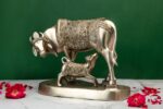 Brass Silver Coated Superfine Holy Cow with Calf – Ganesh Laxmi Carved – 9.5 Inch - Image 2