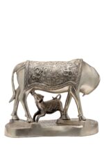 Brass Silver Coated Superfine Holy Cow with Calf – Ganesh Laxmi Carved – 9.5 Inch - Image 4