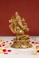 Superfine Brass Ganesh Idol seated on Lotus Flower – Vighnaharta – 5 Inch - Image 8