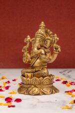 Superfine Brass Ganesh Idol seated on Lotus Flower – Vighnaharta – 5 Inch - Image 2
