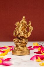 Brass Lord Ganesh Idol seated on Lotus Flower – Vighnaharta – 3.5 Inch - Image 2