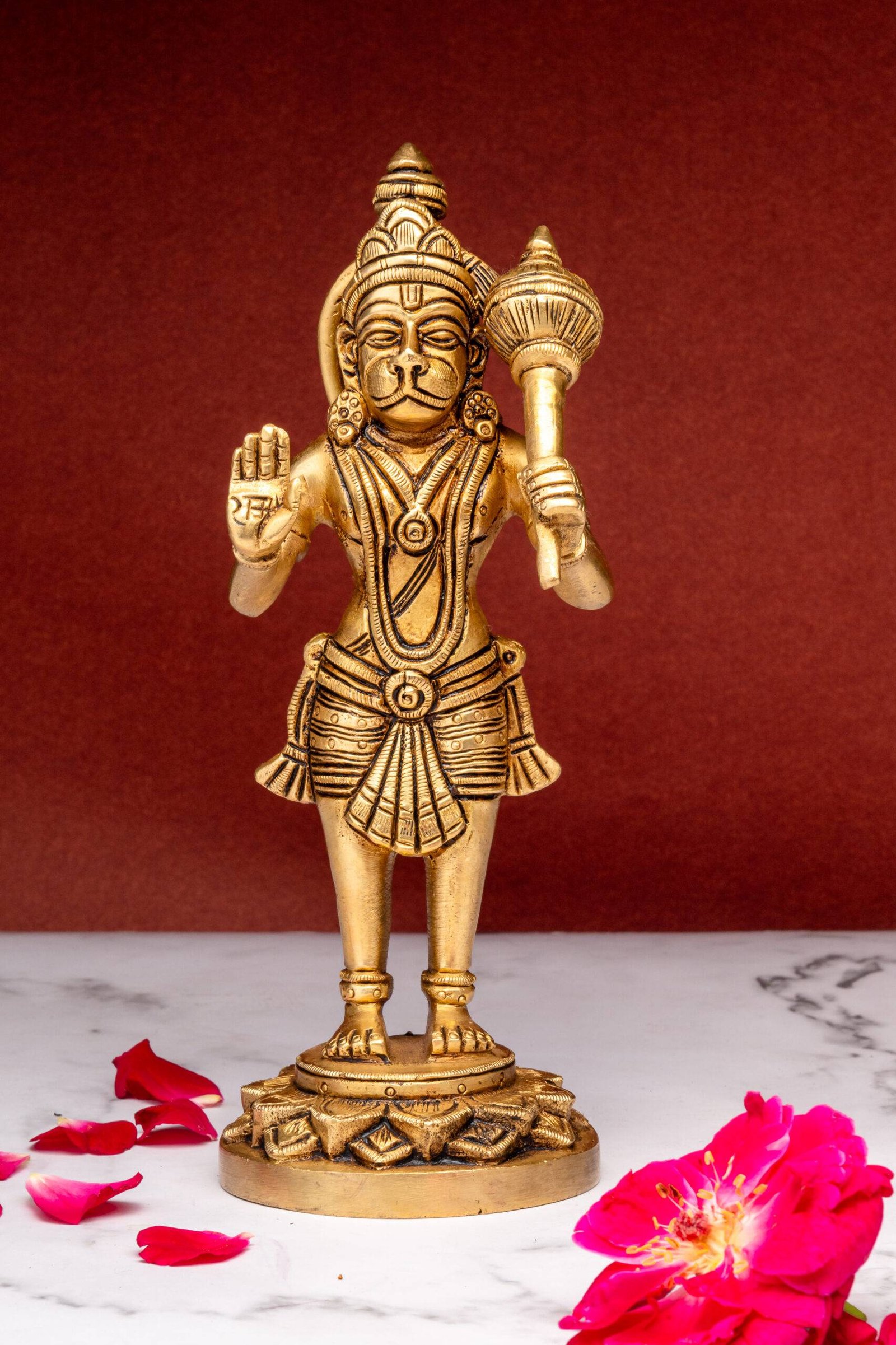 brass-hanuman-16-6-scaled-1.jpg Brass Hanuman Standing Bajrang Bali Idol – Aashirwaad Mudra – 8 Inch - Image 1
