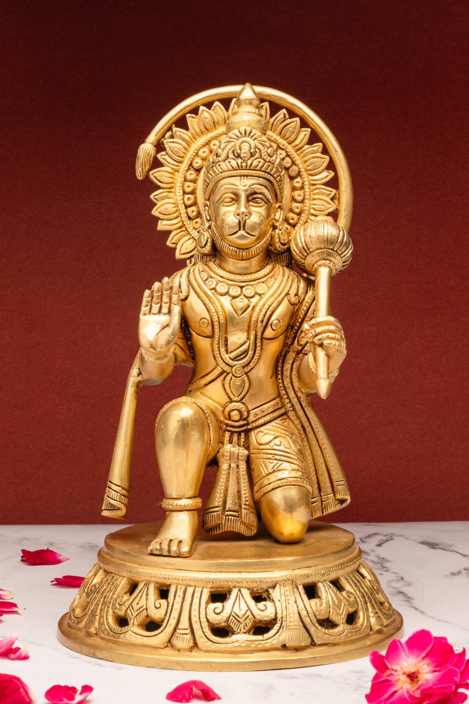 brass-hanuman-31-6-scaled-1.jpg Superfine Brass Hanuman Idol – Ashirwad Mudra & Holding Gada – 11 Inch - Image 1