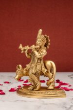 Superfine Brass Krishna Idol with Cow Playing Flute – 5.5 Inch - Image 2