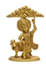 Brass Krishna Idol with Cow and Holding the Mount Govardhan – 10 Inch - Image 4