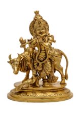 Superfine Brass Krishna Idol with Cow – Beautifully Carved – 13 Inch - Image 4