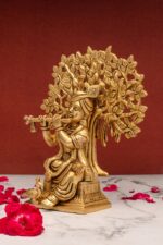 Superfine Brass Krishna Idol Playing Flute Under Sacred Tree – 8 Inch - Image 2