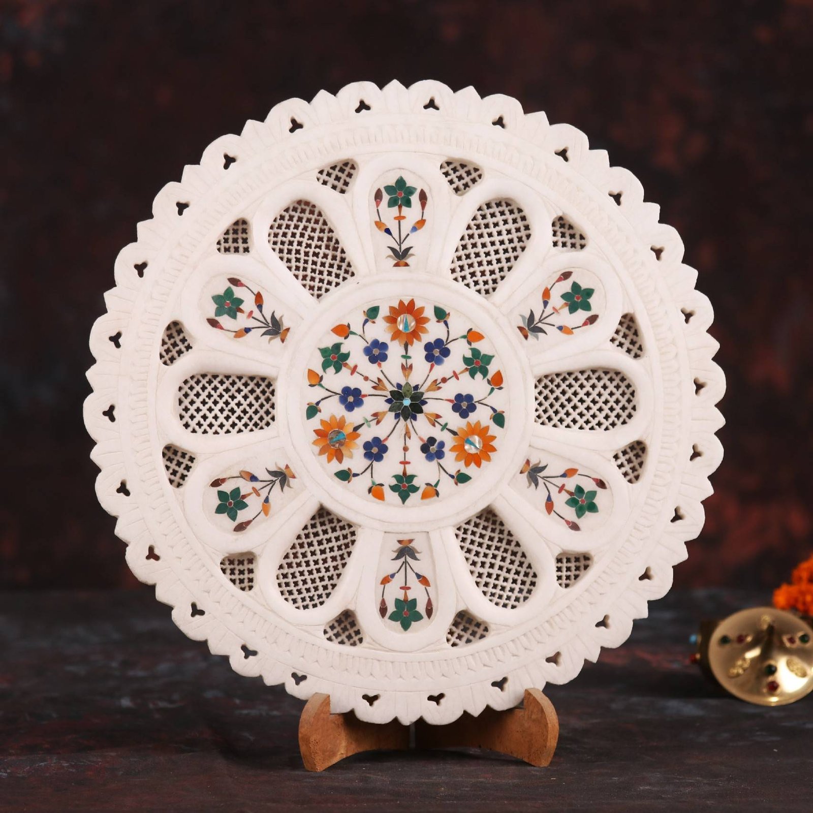 inlay-marble-plate_8-1.jpg Marble Inlay Plate 13.5 Inches with Stand - Image 1