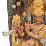 Hand-Carved Wooden Krishna Idol with Cow and Peacocks (5ft) - Image 7