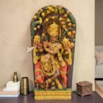 Hand-Carved Wooden Krishna Idol with Cow and Peacocks (5ft)
